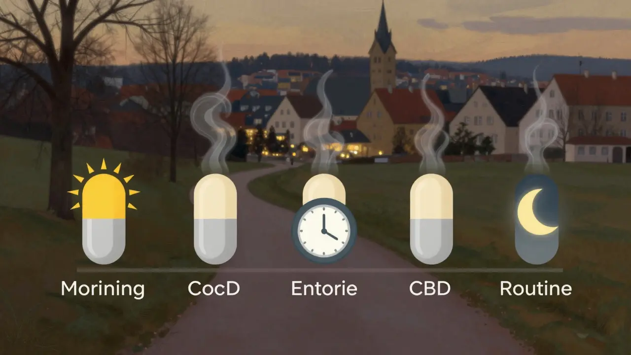 Tageszeitliche CBD-Einnahme als Pfad durch eine deutsche Stadt mit Sonne, Uhr und Mond als Symbole.