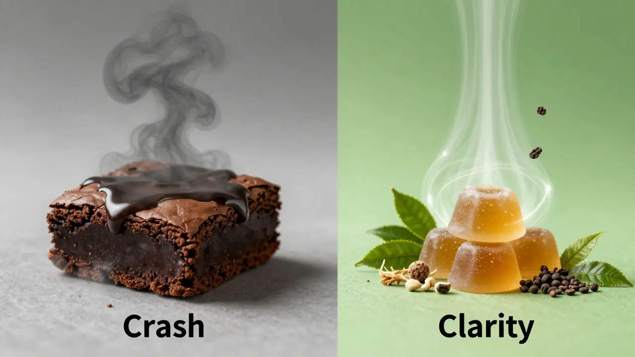 Vergleich: dunkle, schwere Wolke bei Zucker-Edible vs. klares Licht bei natürlichen Zutaten.