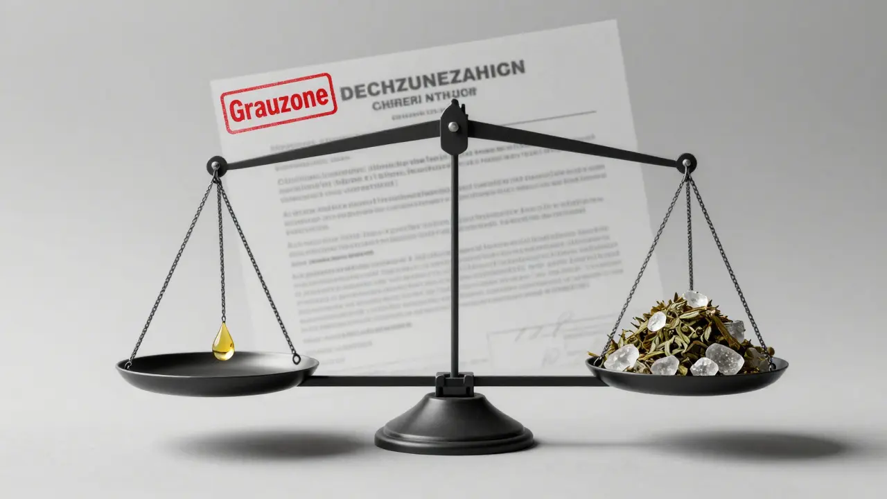 Waage mit einem Tropfen HHC-O gegenüber einer größeren Menge THC-Kristallen.