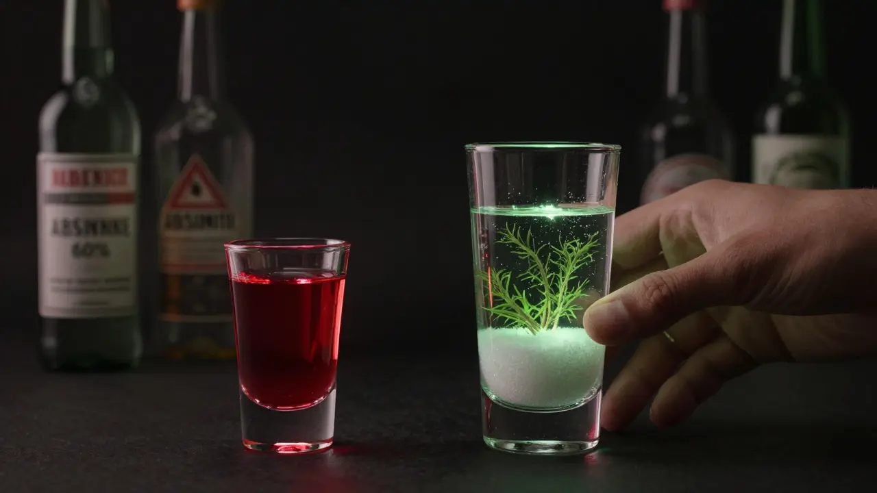 Zwei Absinthgläser verglichen: rein vs. verdünnt — symbolisch für verantwortungsvollen Konsum.