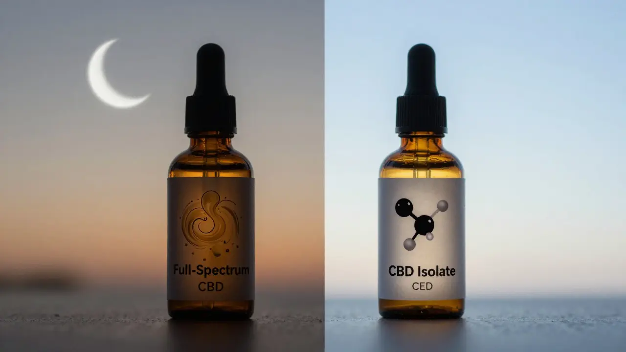 Zwei CBD-Produkte nebeneinander: Vollspektrum mit Mond und Isolat mit Tageslicht.