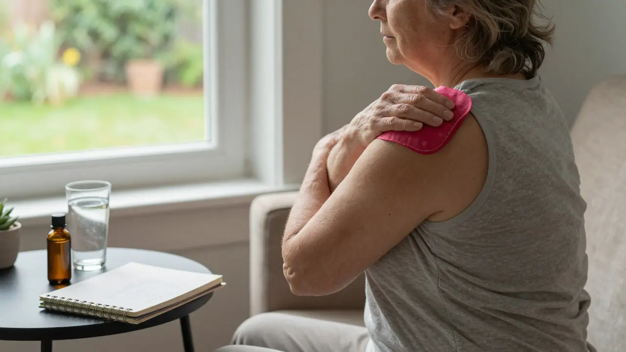 Älterer Mensch dehnt sich sanft aus, ohne Medikamente, mit CBD-Öl und Notizbuch auf dem Tisch, sonniges Wohnzimmer.