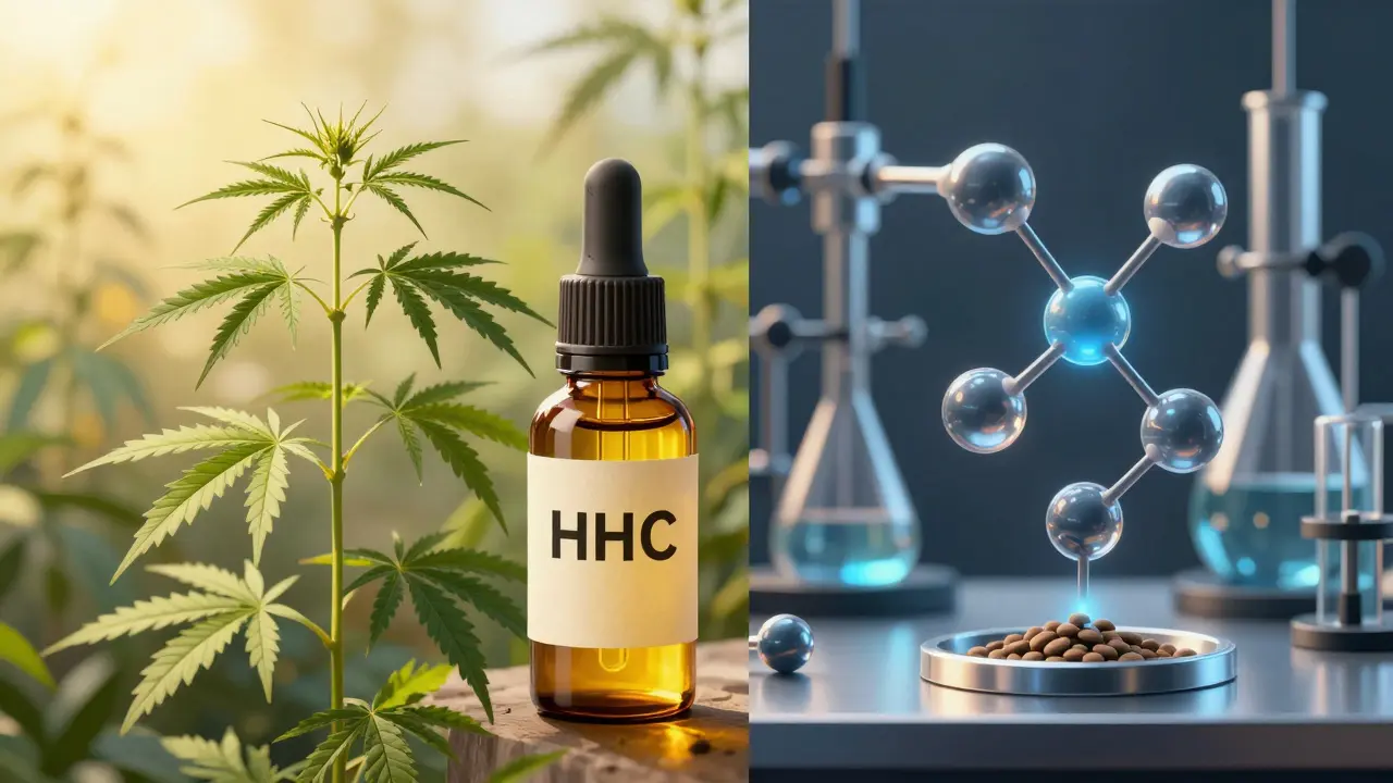 CBD aus Hanf und synthetisches HHC im Split-Screen