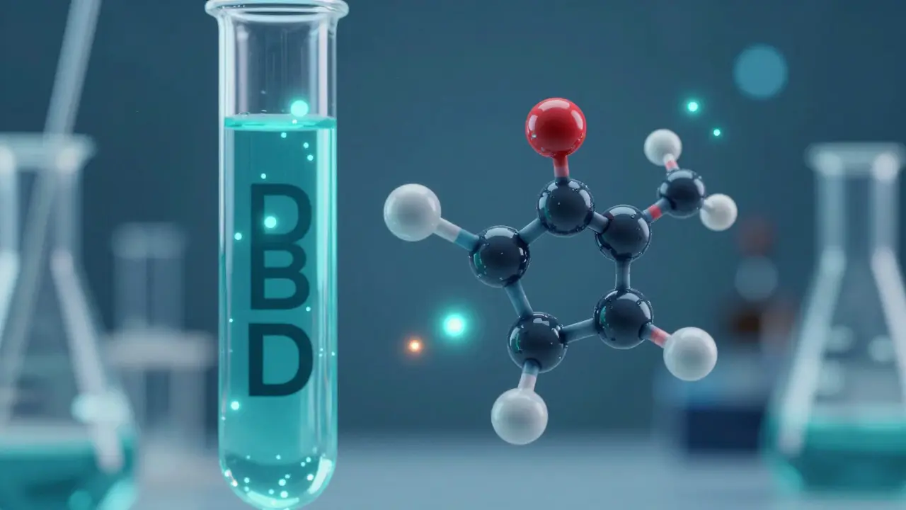 CBD- und Ethanol-Moleküle in einer Teströhre, wissenschaftliche Darstellung.
