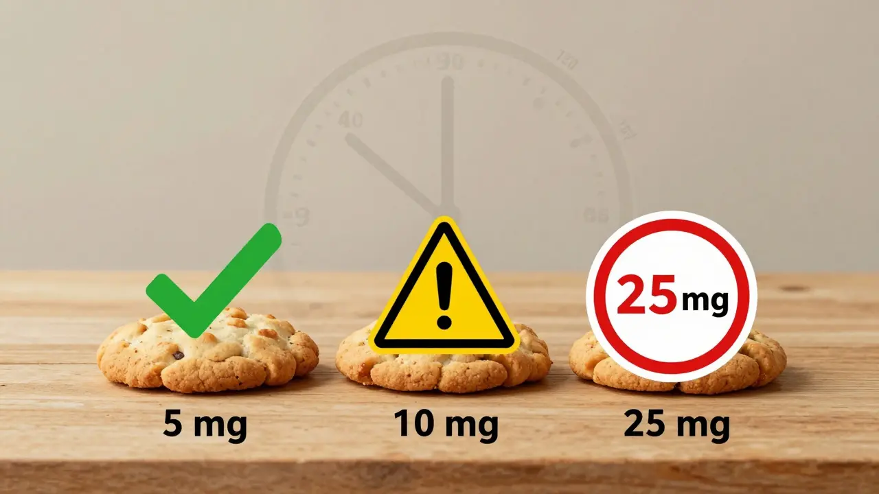 Drei CBD-Cookies mit unterschiedlichen Dosierungen, gekennzeichnet durch Farbsymbole für Sicherheit und Vorsicht.
