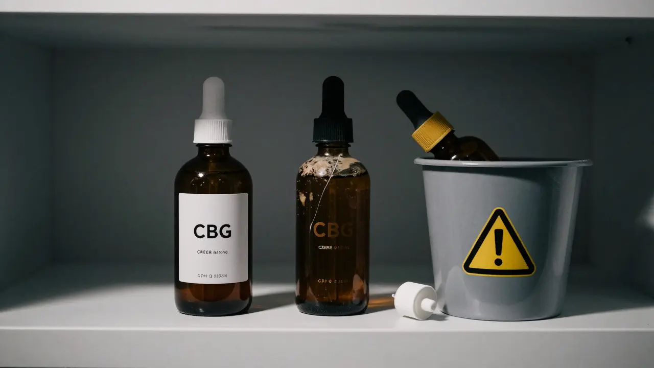 Drei CBG-Produkte auf einem Regal: frisch, abgebaut und entsorgt, Kontrast zwischen richtigem und falschem Umgang.