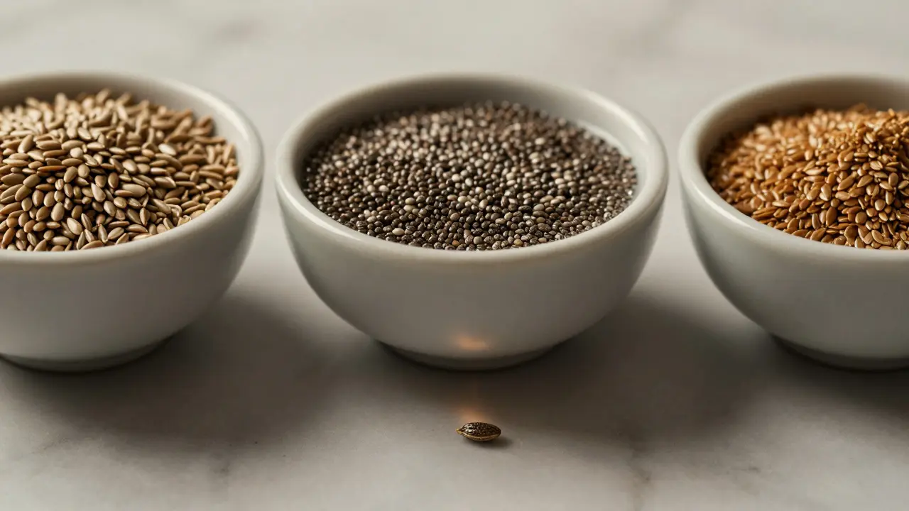 Drei Schalen mit verschiedenen Samen: Hanfsamen, Chiasamen und Leinsamen — Hanfsamen ohne Aufbereitung.