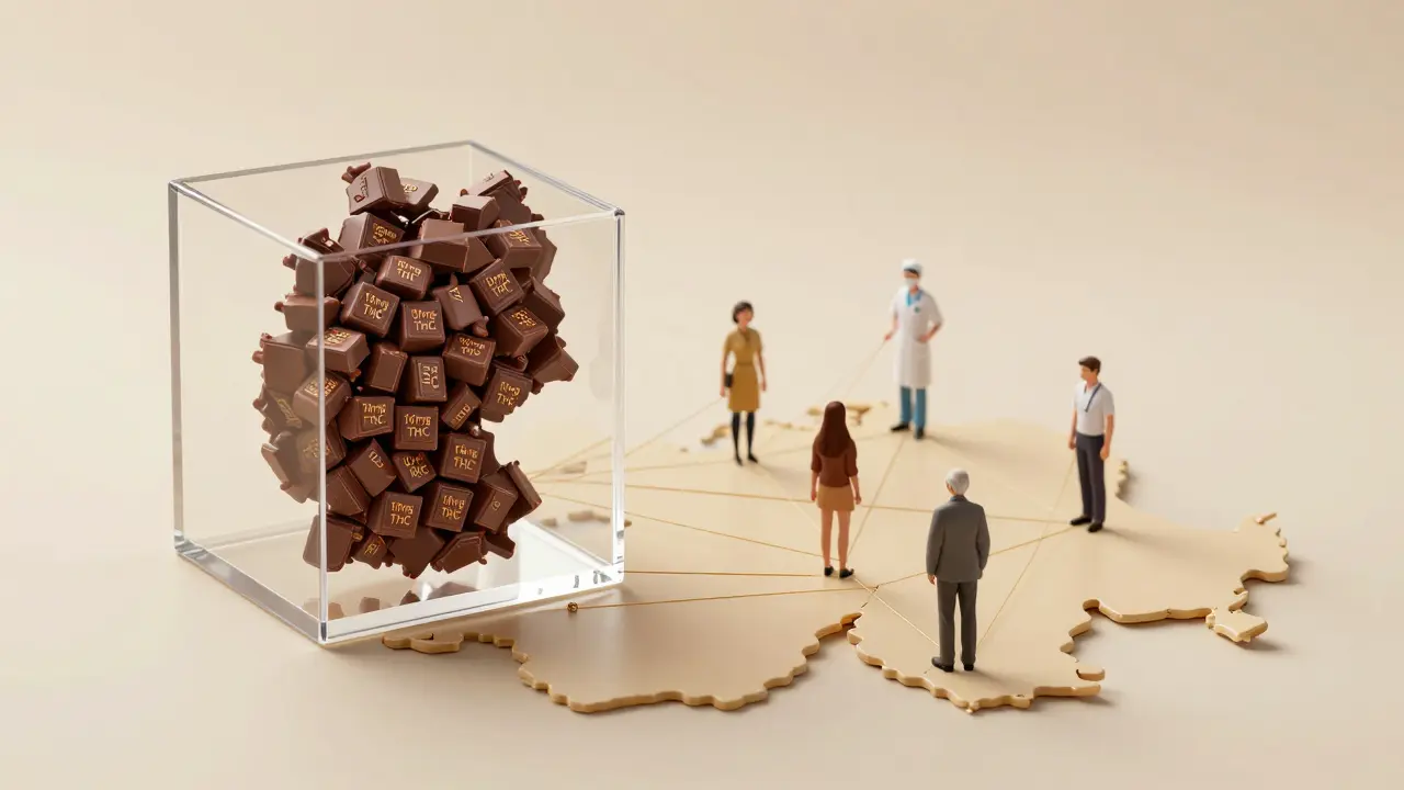 Durchsichtiger Würfel mit 1.000 Cannabis-Schokoladen-Stücken, verbunden mit Silhouetten verschiedener Nutzer über Europa.