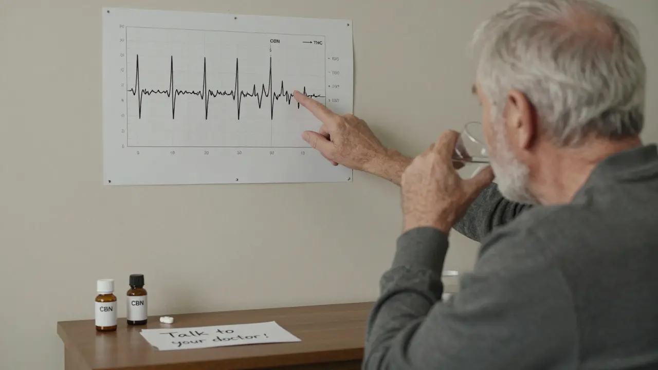 Ein älterer Mann und sein Kardiologe betrachten eine Herzgesundheits-Chart mit CBN- und THC-Trends.