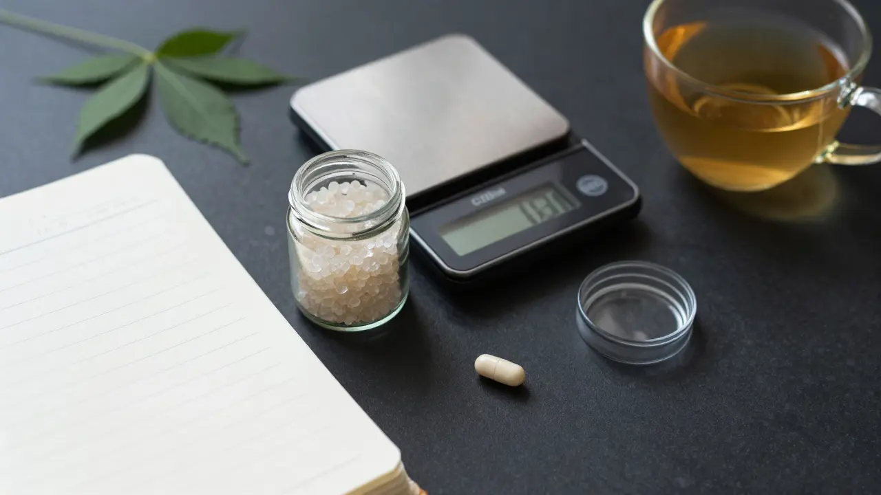 Eine organisierte Arbeitsfläche mit CBD-Kristallen, Notizen und einer Kapsel.