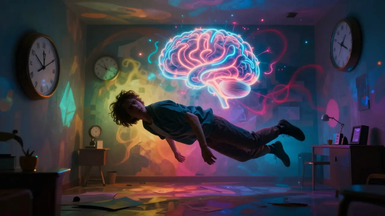 Eine Person in einer verzerrten Umgebung mit leuchtenden Nervenbahnen im Gehirn, symbolisiert starke psychoaktive Wirkung.