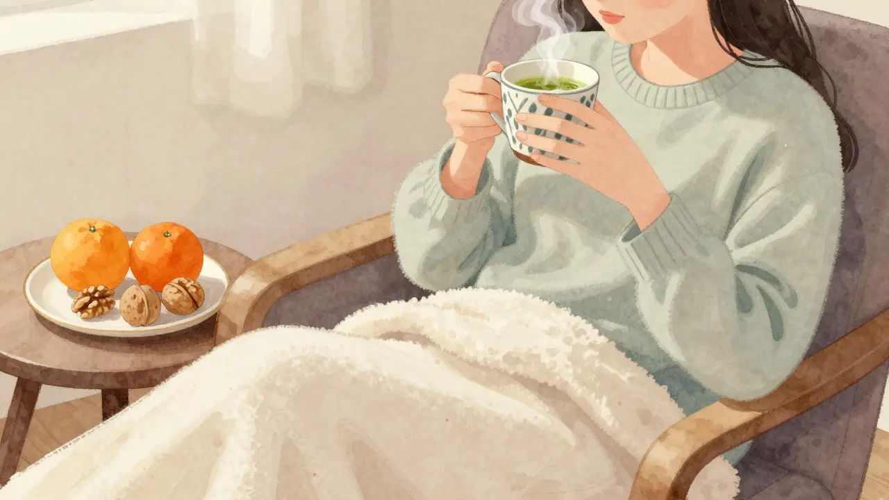 Eine Person trinkt Matcha-Tee und isst Walnüsse, während eine Orange neben ihr liegt.