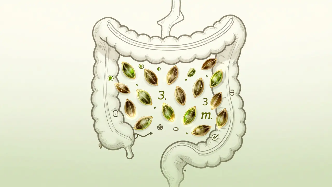 Eine schematische Darstellung der Verdauung, bei der unveränderte Hanfsamen ungehindert passieren.