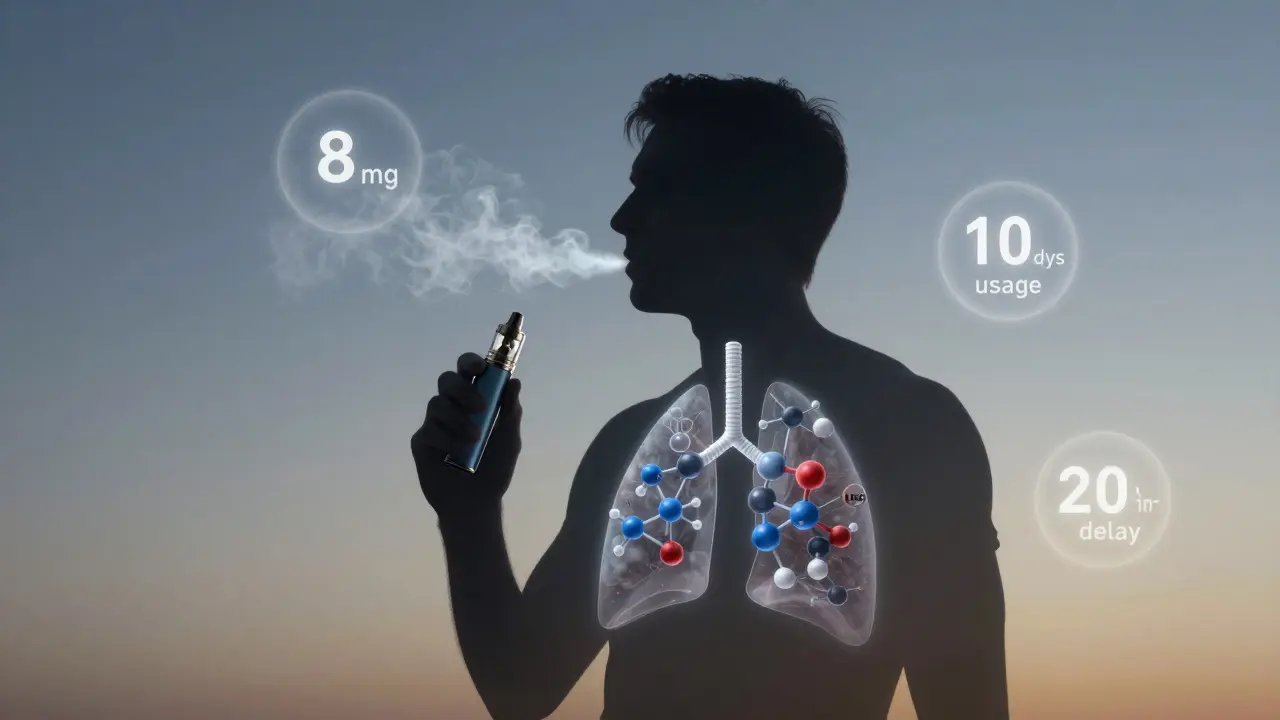 Eine Silhouette mit transparenten HHC-Molekülen, die in die Lunge strömen, umgeben von Informationen über Wirkung und Verbrauch.