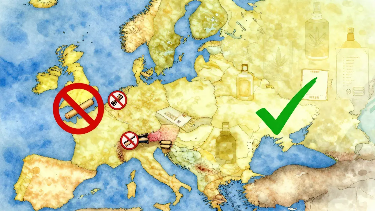 Europakarte mit roten Verbotssymbolen über Kaugummi in Deutschland und Nachbarländern, grüne Zeichen in der Schweiz und Tschechien.