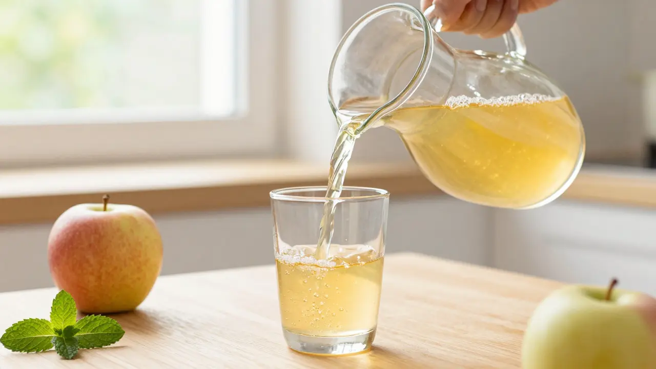 Frischer Apfelsaft wird in ein Glas gegossen, natürlich und unverfälscht.