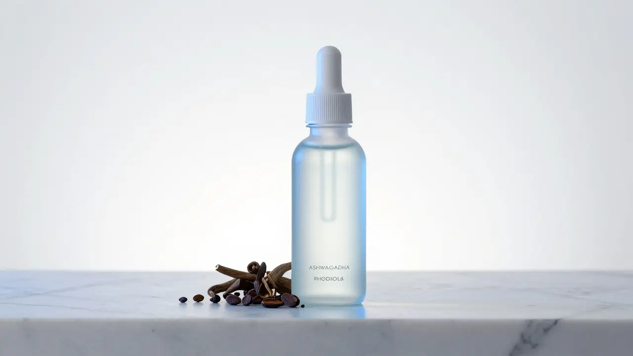 Futuristisches CBD-Getränkeflasche mit Ashwagandha und Rhodiola auf weißem Hintergrund.