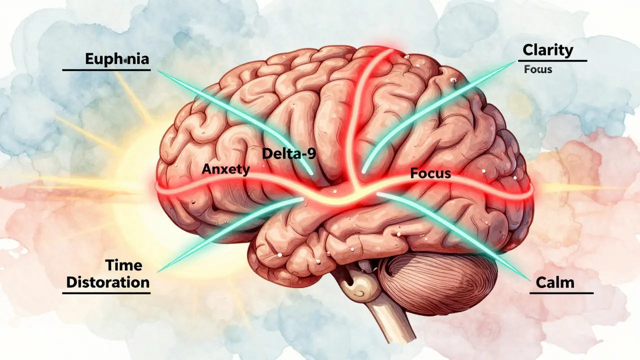 Gehirn mit zwei unterschiedlich farbigen neuralen Pfaden, die Delta-9 und Delta-8-Wirkungen darstellen.