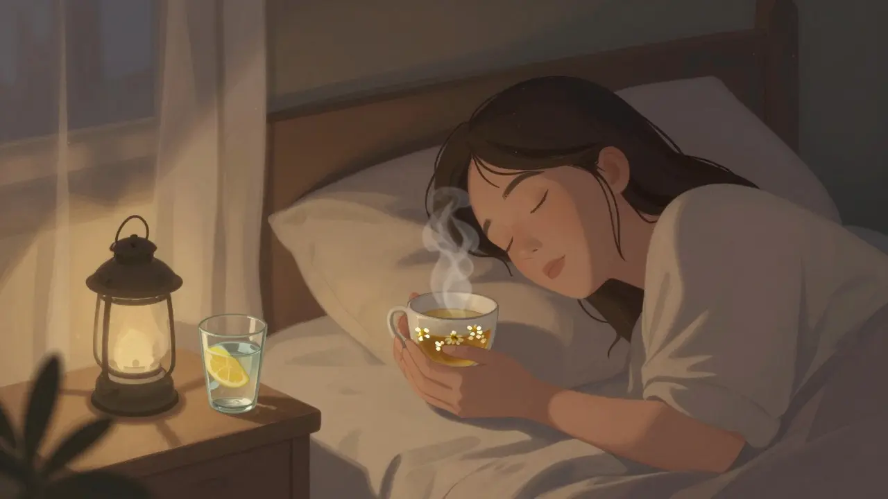 Jemand trinkt Kamillentee im Bett, um nach einem High zur Ruhe zu kommen.