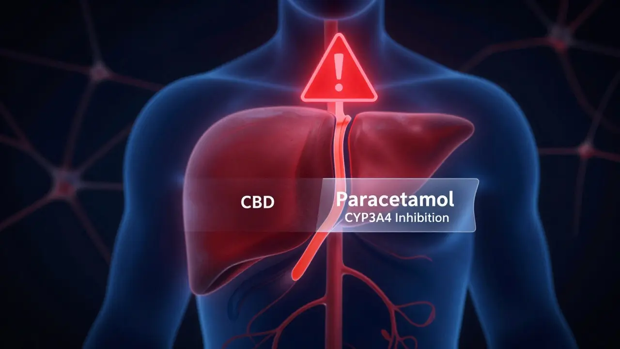 Künstlerische Darstellung einer Leber mit blockiertem Enzymsystem zwischen CBD und Paracetamol, rotes Warnsymbol darüber.