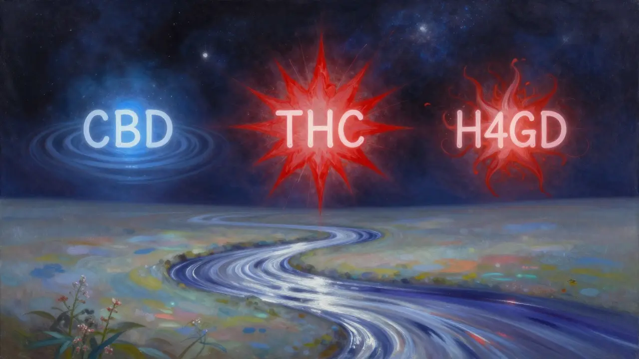 Künstlerische Darstellung von CBD, THC und H4CBD als fließende Elemente in einem kosmischen Raum.