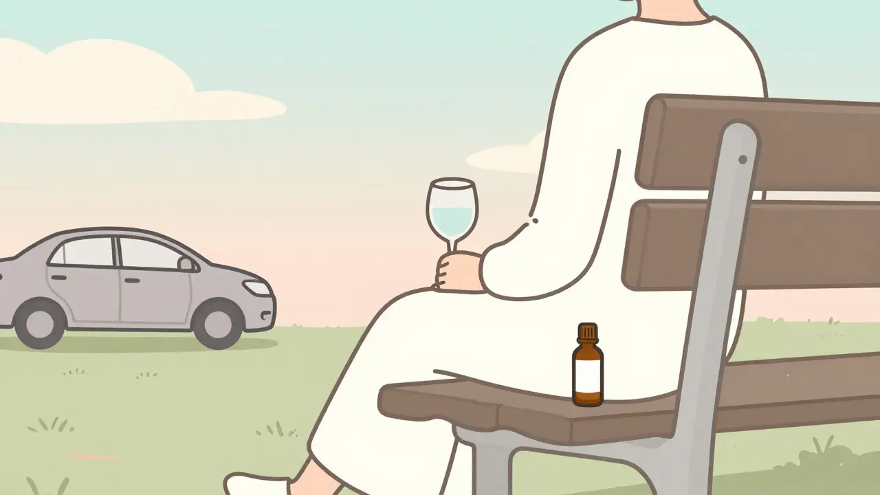 Mensch auf Parkbank mit Wein und CBD-Flasche, parkendes Auto im Hintergrund.