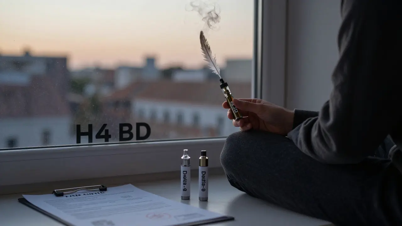 Person mit H4CBD-Vape am Fenster bei Tagesanbruch, neben ihr ein Laborzertifikat und leere Kartuschen.