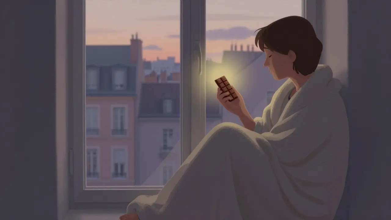 Person sitzt am Fenster bei Dämmerung, hält ein Stück Cannabis-Schokolade, sanftes goldenes Licht strahlt davon aus.