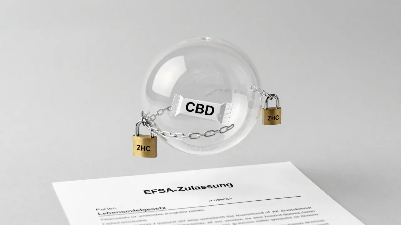 Transparente Kaugummi-Bubble mit CBD-Label, umgeben von Schlössern und Ketten mit Aufschriften wie Zoll und Lebensmittelgesetz.