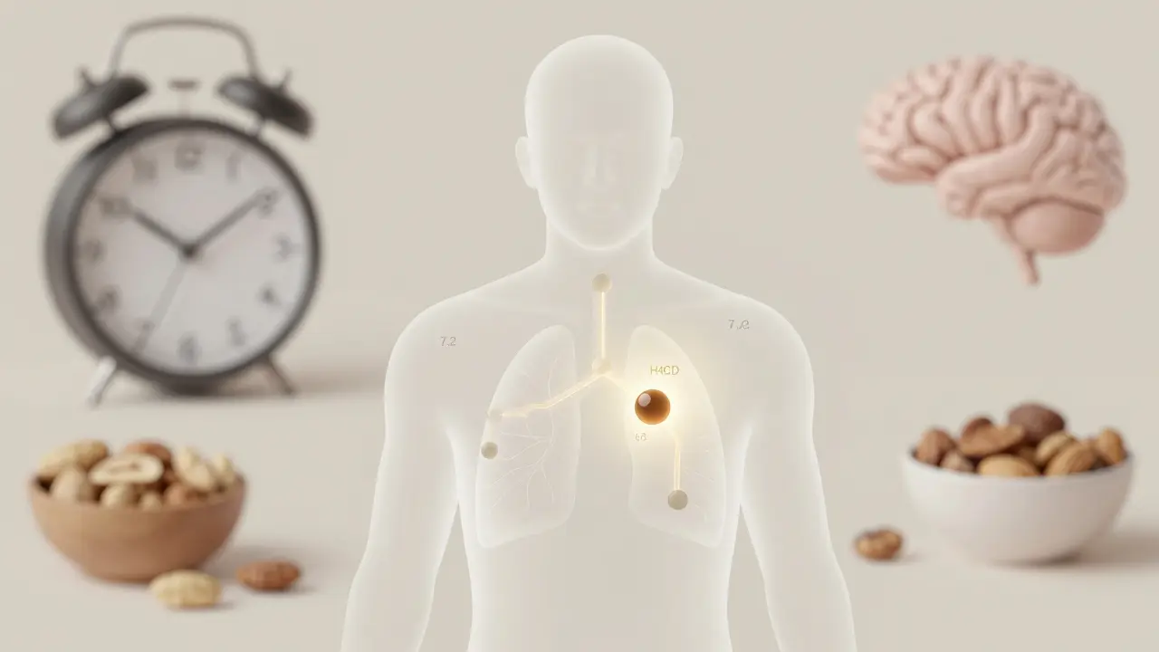 Transparente Silhouette mit dem Weg eines H4CBD-Moleküls durch den Körper, symbolisiert die lange Wirkdauer.