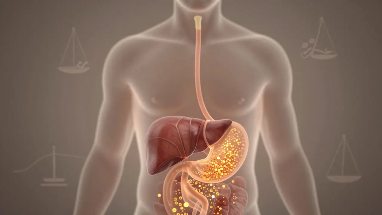 Transparenzabbildung des Körpers mit sanft fließenden CBD-Partikeln vom Magen zur Leber und ins Blut.