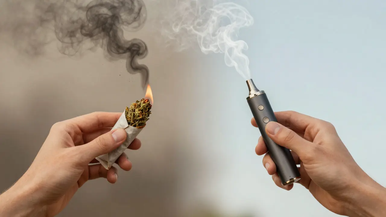Vergleich von Rauchen und Vaping: Dunkler Rauch versus klarer Dampf, symbolisiert Gesundheitsunterschiede.