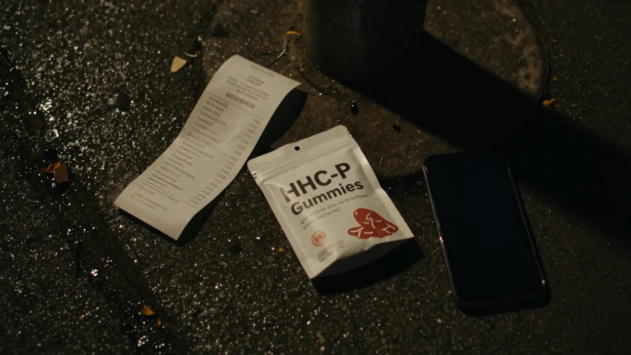 Verstecktes Online-Paket mit HHC-P-Gummibärchen auf nasser Straße, nur vom Handylicht erhellt.