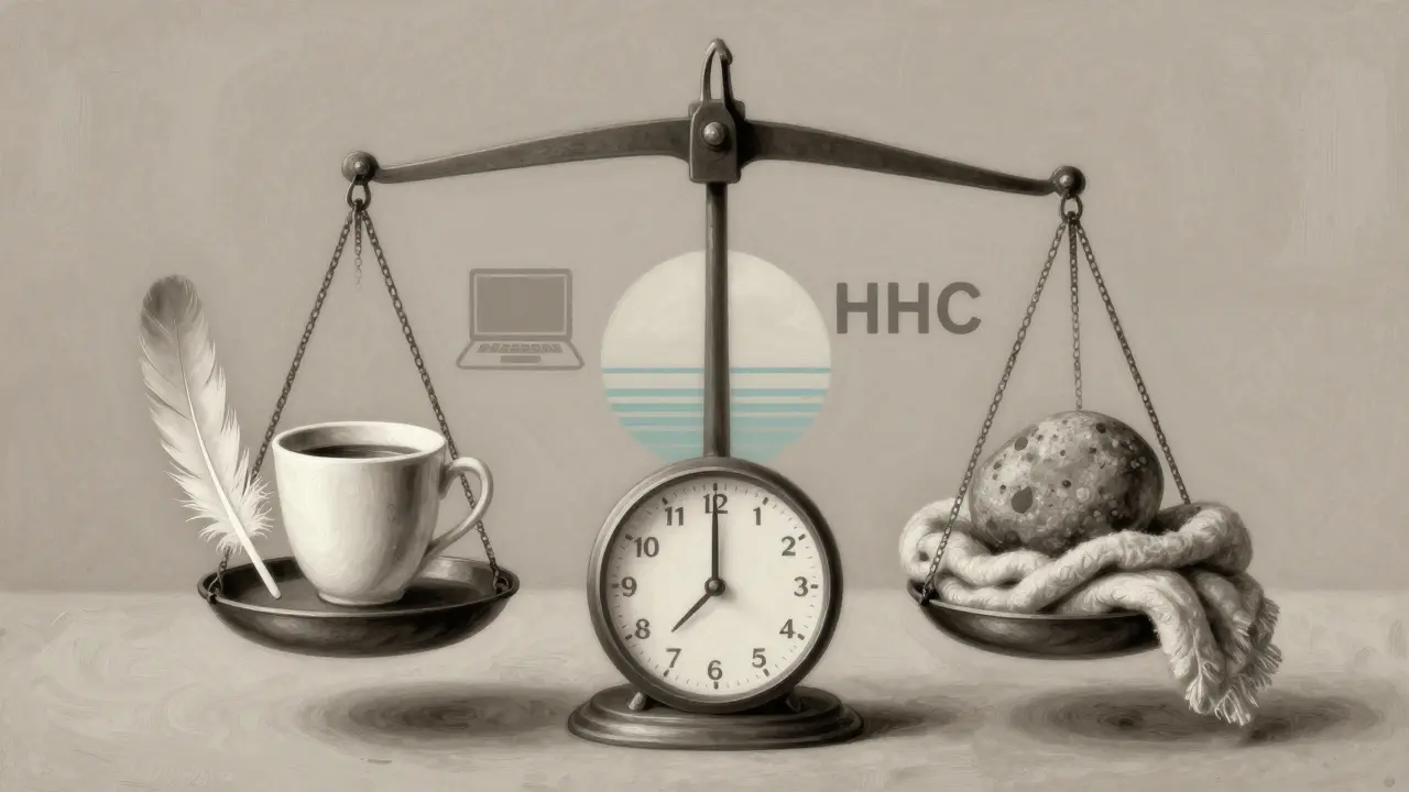 Waage mit Delta-8 als Feder und Kaffee, HHC als Stein und Decke, symbolisiert unterschiedliche Wirkdauer und -intensität.