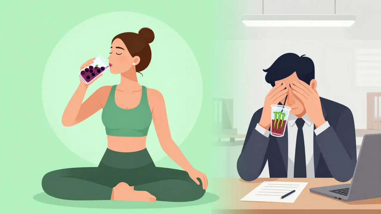 Yoga-Praktizierender mit CBD-Getränk vs. gestresster Büroangestellter mit Energy Drink.
