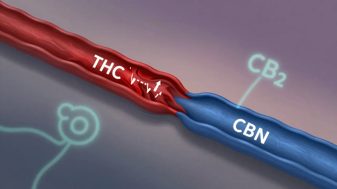 Zwei Blutgefäße im Vergleich: eines mit turbulentem, einem mit ruhigem Blutfluss, umgeben von CB2-Rezeptoren.
