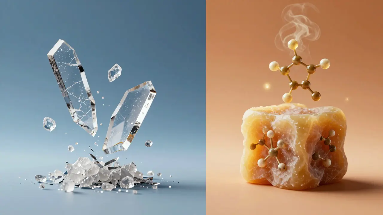 Zweiteilige Darstellung: zerbrechendes Shatter-Fragment links, rechts sanft strömende Terpen-Wolken aus weichem Hash — Symbolik für schnelle vs. langanhaltende Wirkung.