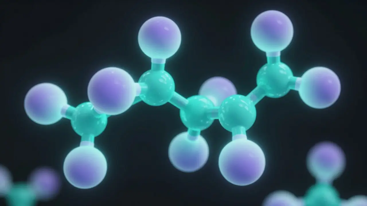 Abstrakte 3D-Darstellung von Molekülstrukturen in Blau und Grün.