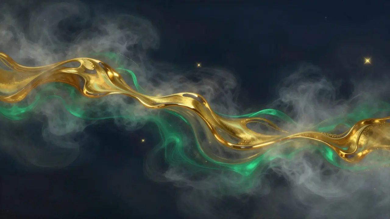 Abstrakte Darstellung von Zeitfluss mit flüssigem Goldlicht im Dunkeln.