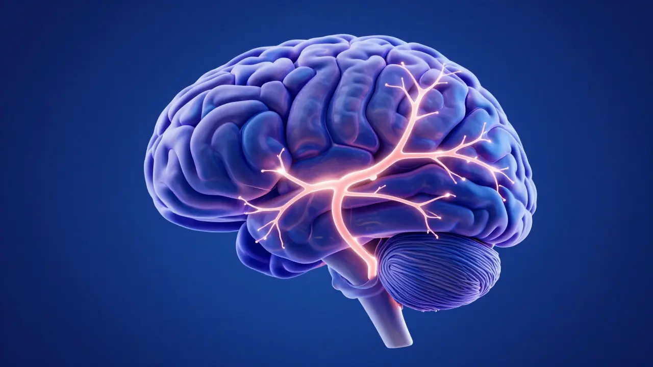 Abstrakte Visualisierung des menschlichen Gehirns mit beruhigten neuronalen Verbindungen.