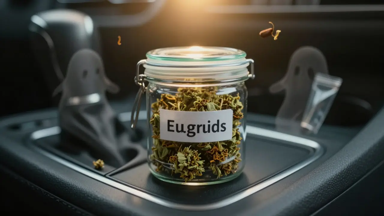 CBD-Blüten in einem dunklen Behälter im Auto, umgeben von verschwommenen Geruchsspuren von Tabak und Plastik — aber kein THC.