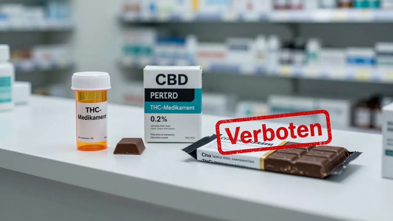 CBD-Schokolade neben verschreibungspflichtigem THC-Medikament – illegale Edibles im Schatten.