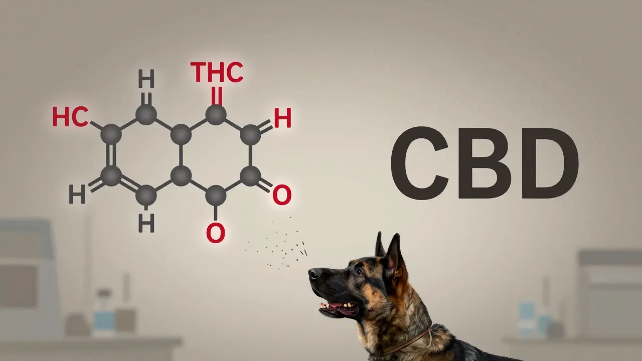 Chemische Strukturen von THC und CBD nebeneinander: THC wird von einem Hundegeruch erkannt, CBD bleibt unberührt.