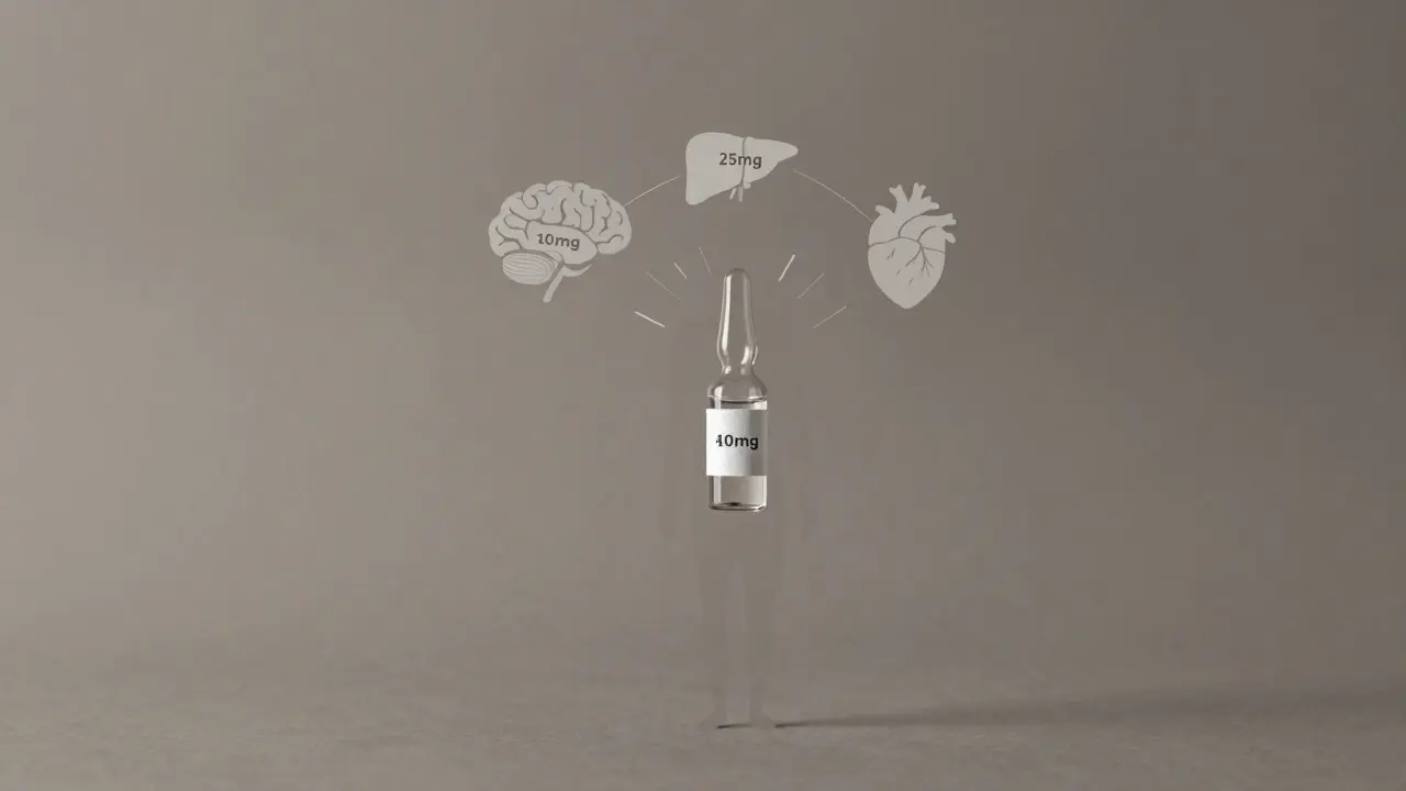 Drei CBD-Dosierungen schweben über einer menschlichen Silhouette, die Organe wie Gehirn und Leber symbolisiert.