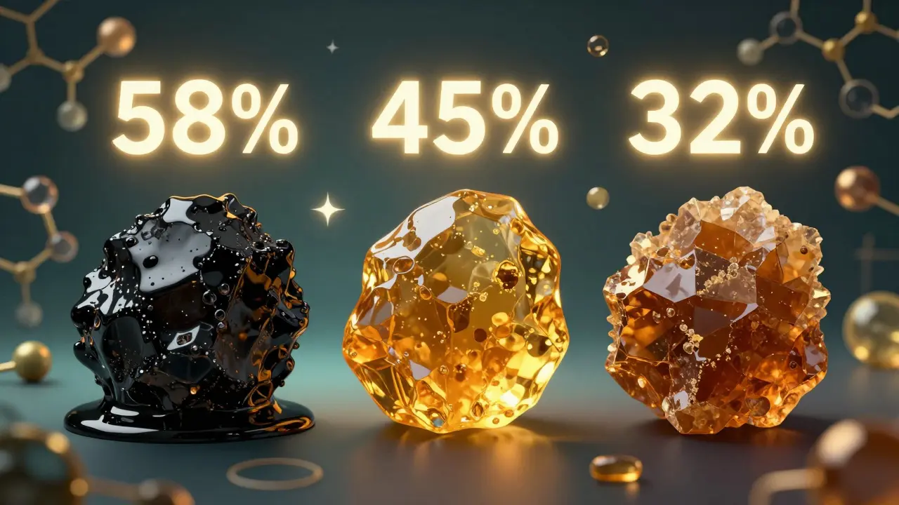 Drei CBD-Harz-Proben mit unterschiedlichen Farben und CBD-Gehalten: 58 %, 45 % und 32 %, mit molekularen Strukturen.