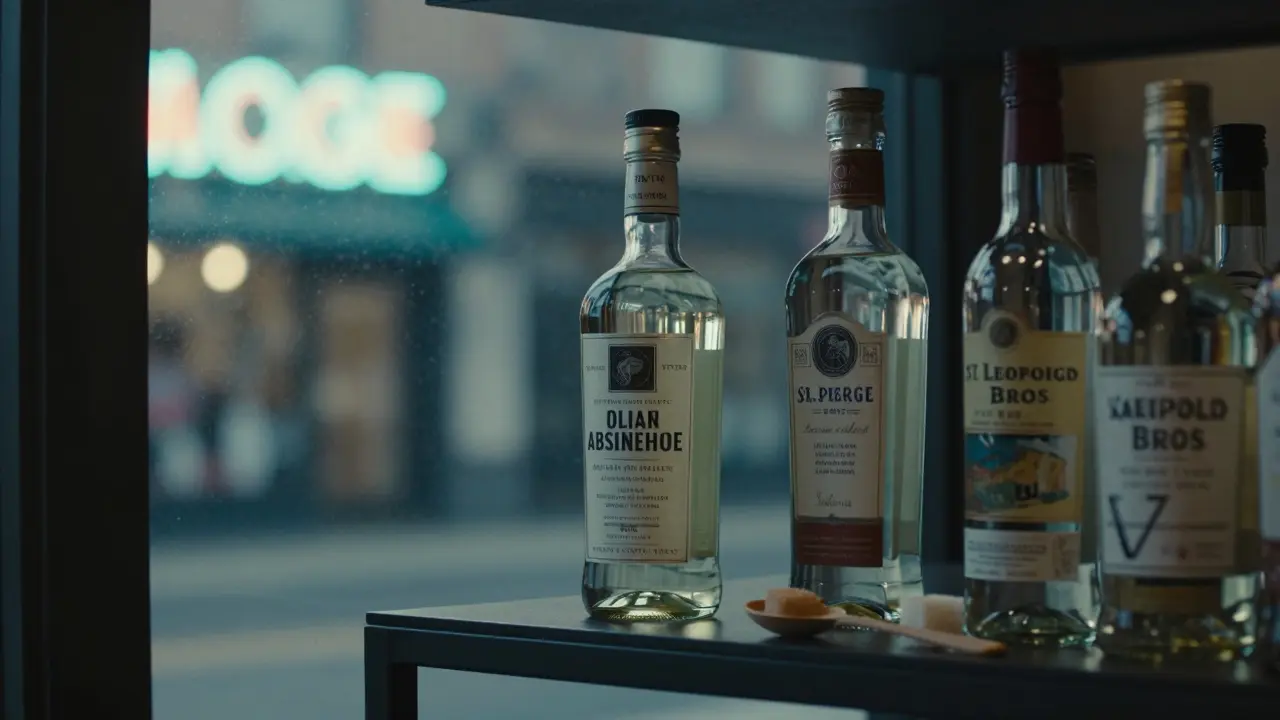 Drei Flaschen legale US-Absinth mit Etiketten auf einer Regalwand in einem Spirituosengeschäft, beleuchtet von Neonlicht.