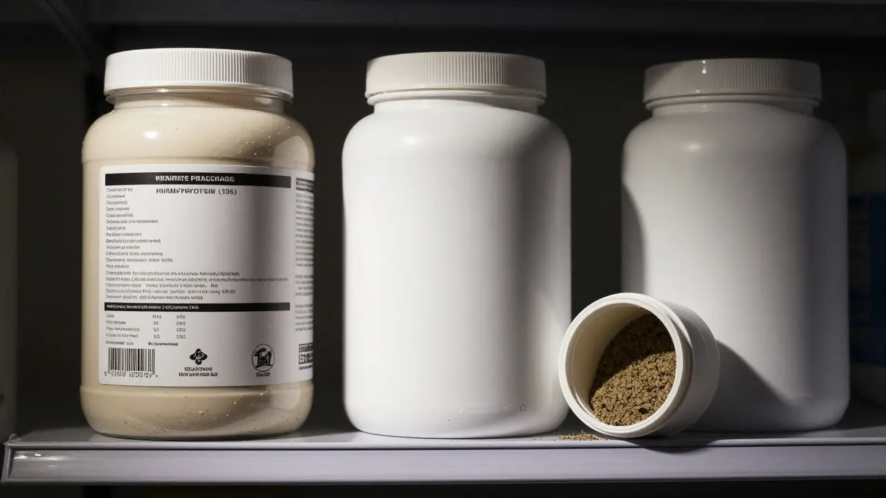 Drei Hanfprotein-Dosen im Vergleich: eine mit Zertifizierung, eine unmarkierte und eine mit Schadstoffen, beleuchtet in einem Regal.