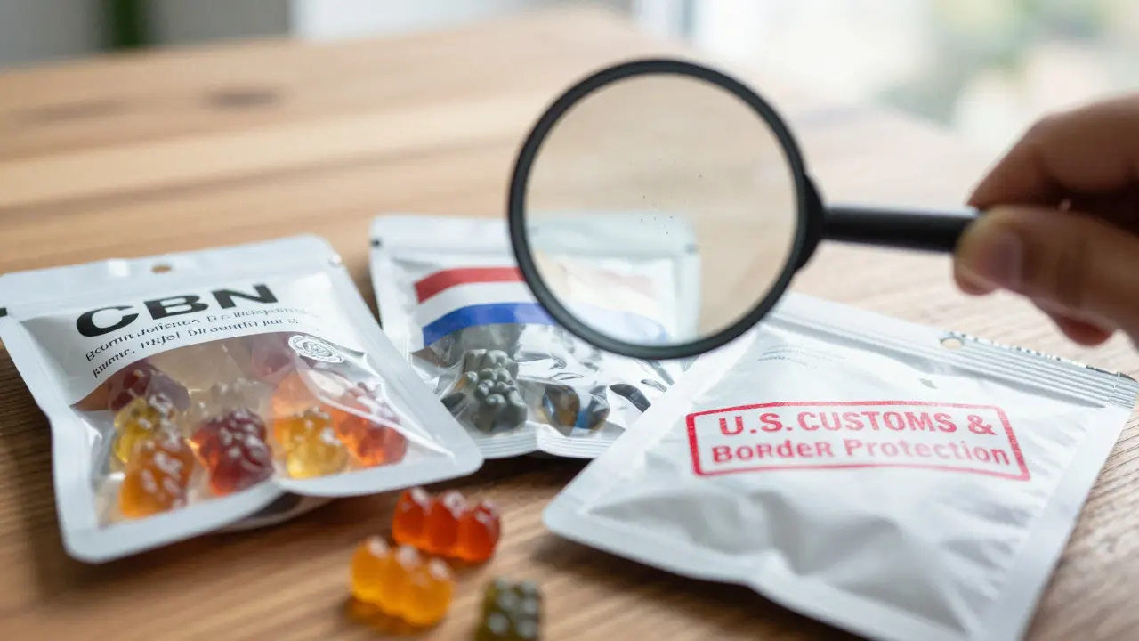 Drei verschiedene CBN-Gummibärchen-Packungen mit unterschiedlichen Länderkennzeichnungen und einem Zoll-Stempel.