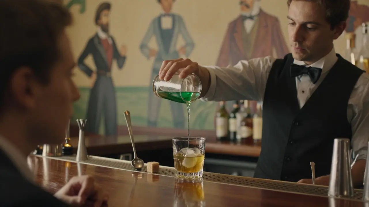 Ein Barkeeper gießt Absinth in einen Cocktail, während ein Gast interessiert zusieht, mit Zuckerwürfel und Löffel daneben.