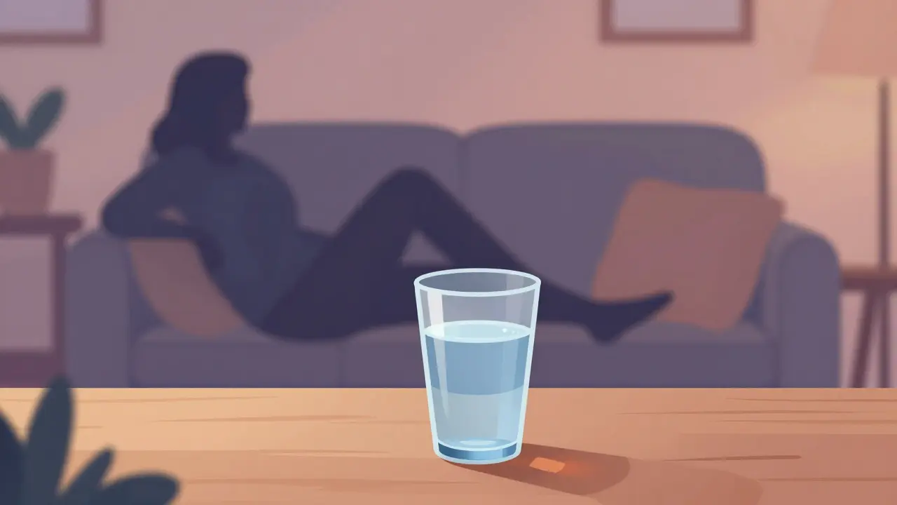 Ein Glas Wasser auf einem Tisch in ruhiger, gemütlicher Umgebung.